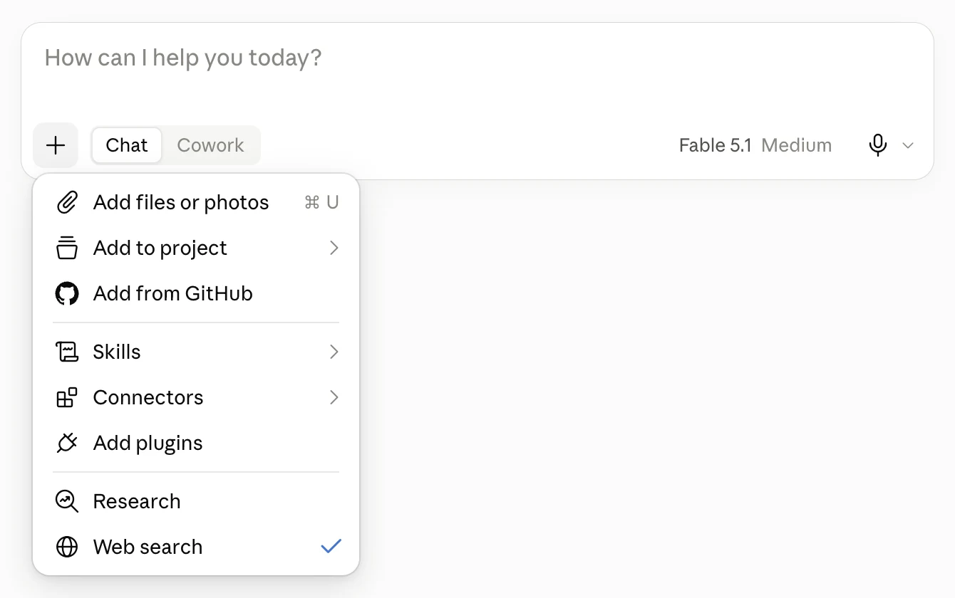 Claude Desktop's open attachment menu, with Add files or photos and the
Chat/Cowork switch visible.