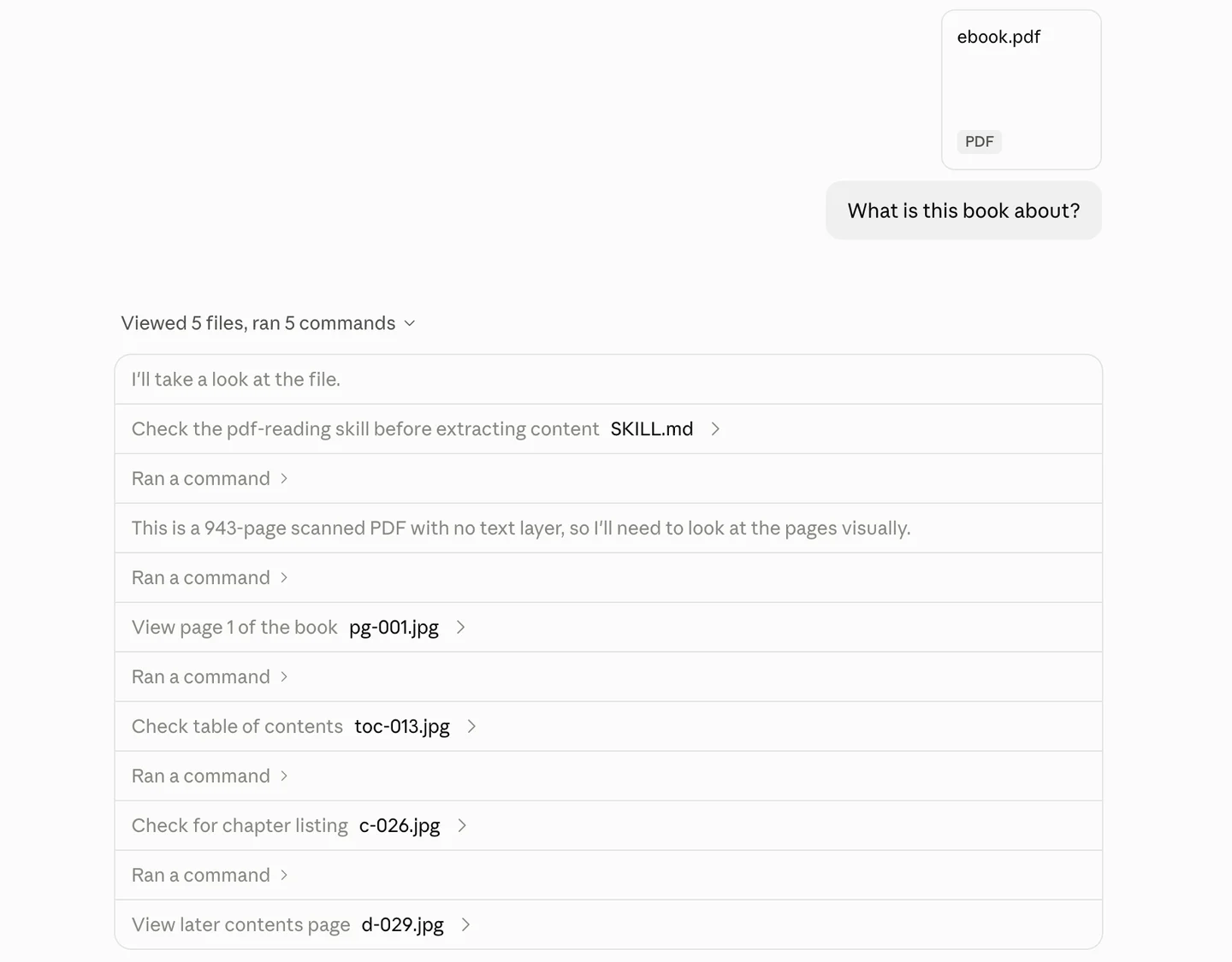 Claude's activity list for "What is this book about?": it identifies a
943-page scanned PDF with no text layer and views selected page images.
